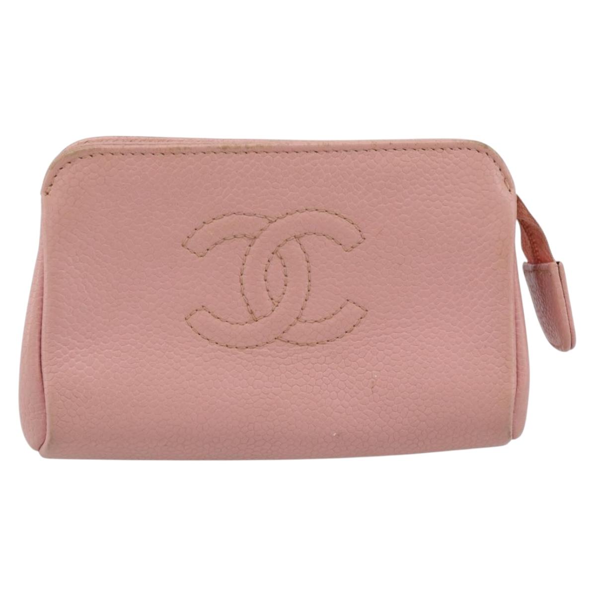 CHANEL Pouch Caviar Skin Pink Gold CC Auth mr2739