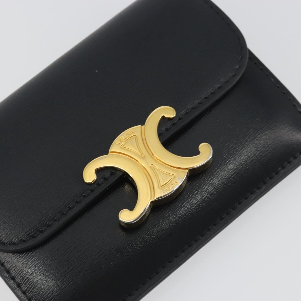CELINE Triomphe Card Case Leather Black Gold Auth mr2753A