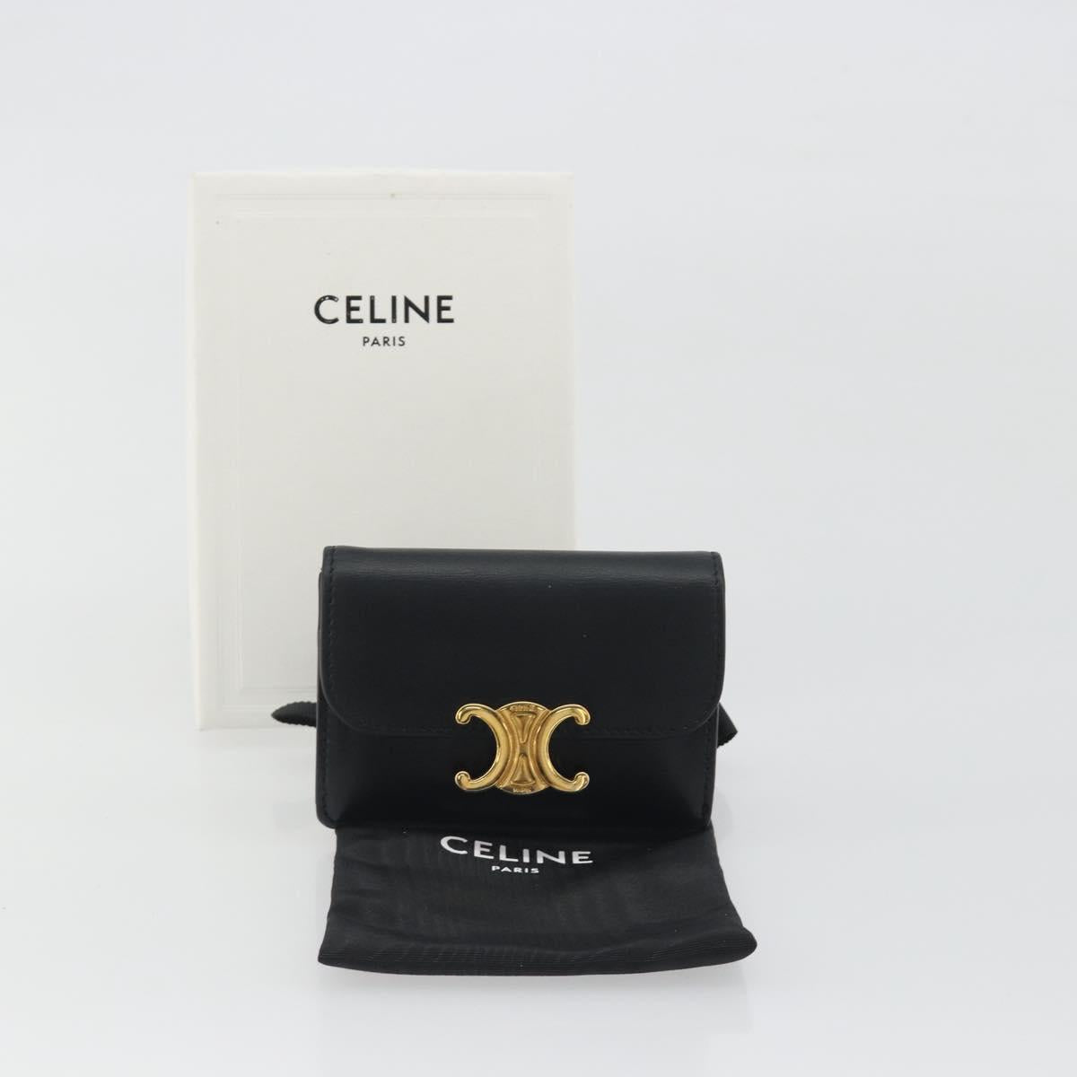 CELINE Triomphe Card Case Leather Black Gold Auth mr2753A