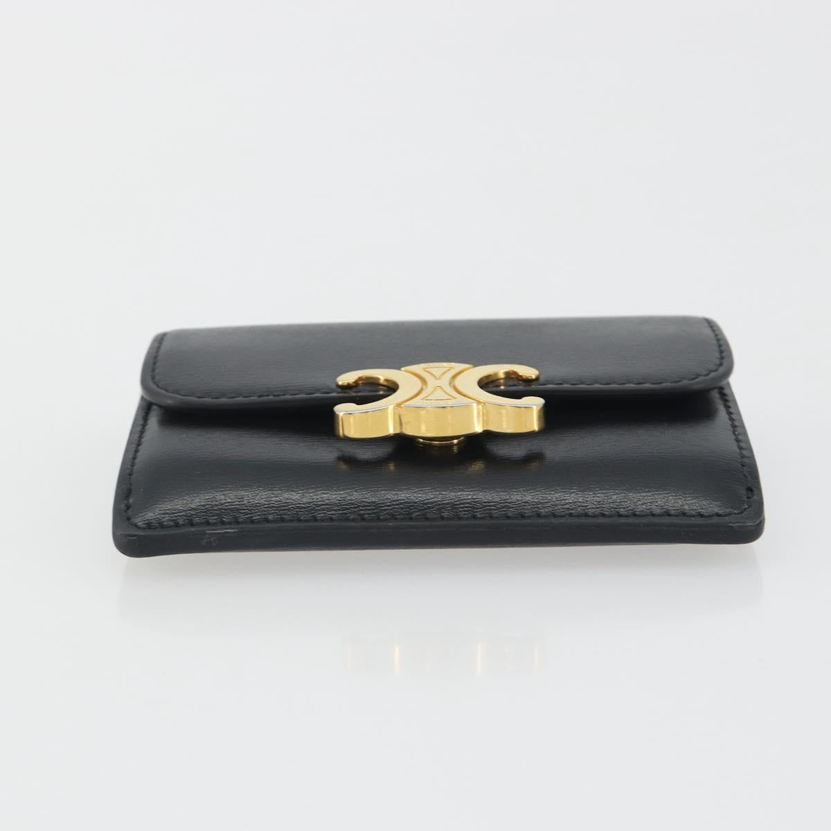 CELINE Triomphe Card Case Leather Black Gold Auth mr2753A