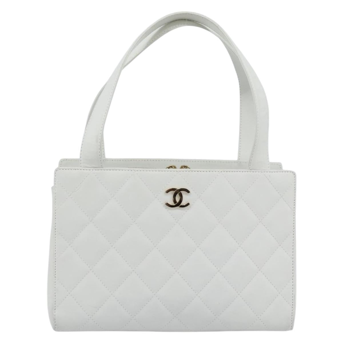 CHANEL Hand Bag Lamb Skin White Gold CC Auth mr2763V