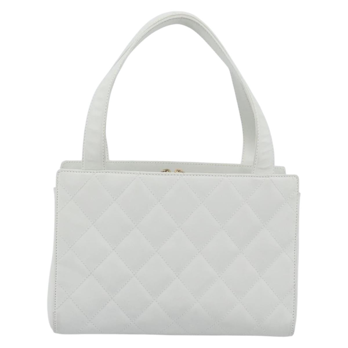 CHANEL Hand Bag Lamb Skin White Gold CC Auth mr2763V