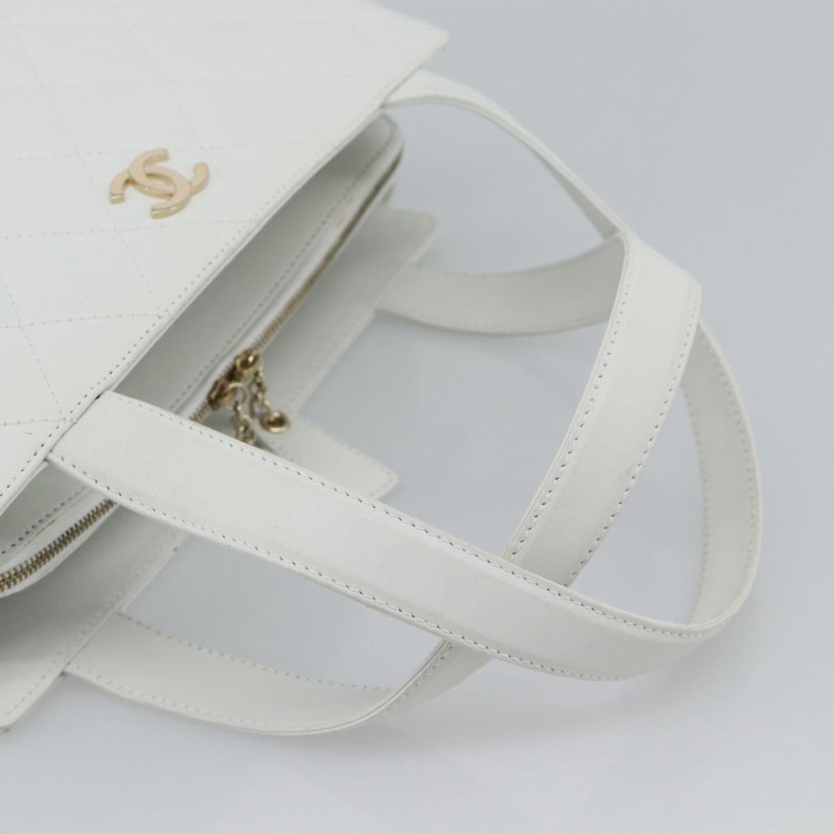 CHANEL Hand Bag Lamb Skin White Gold CC Auth mr2763V