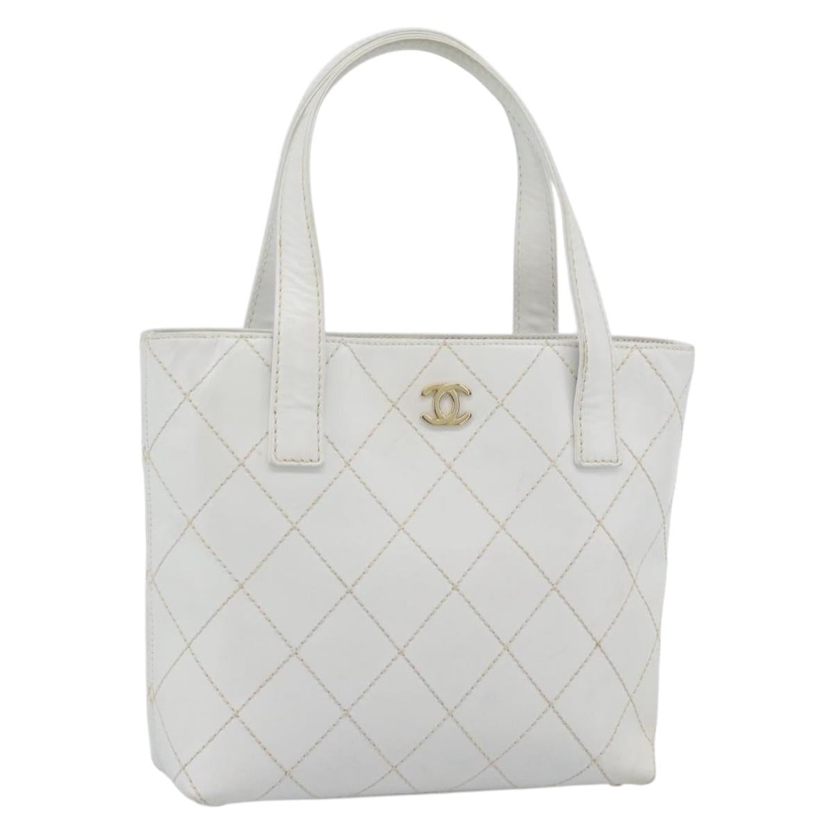 CHANEL Wild Stitch Hand Bag Leather White Gold CC Auth mr2765V