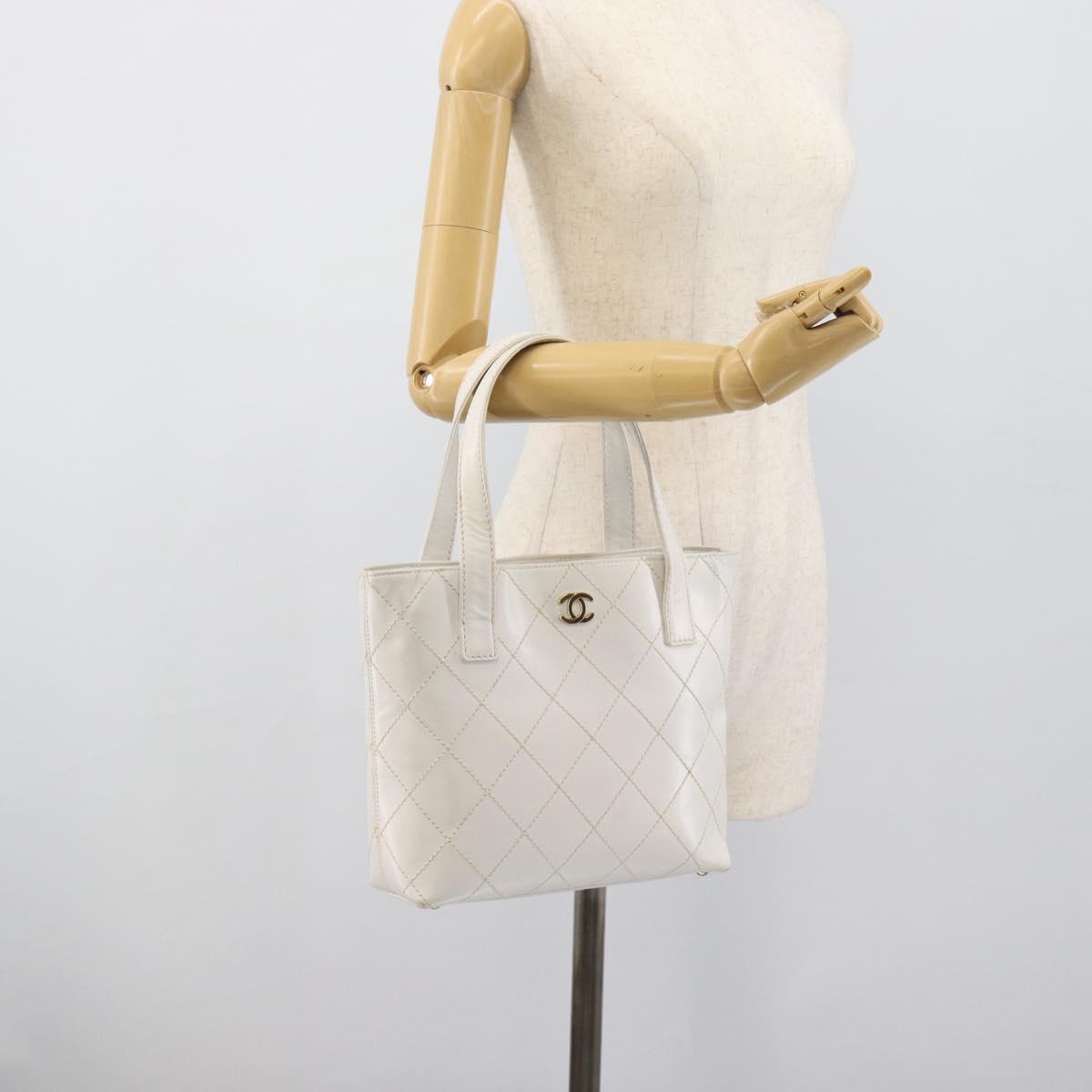 CHANEL Wild Stitch Hand Bag Leather White Gold CC Auth mr2765V