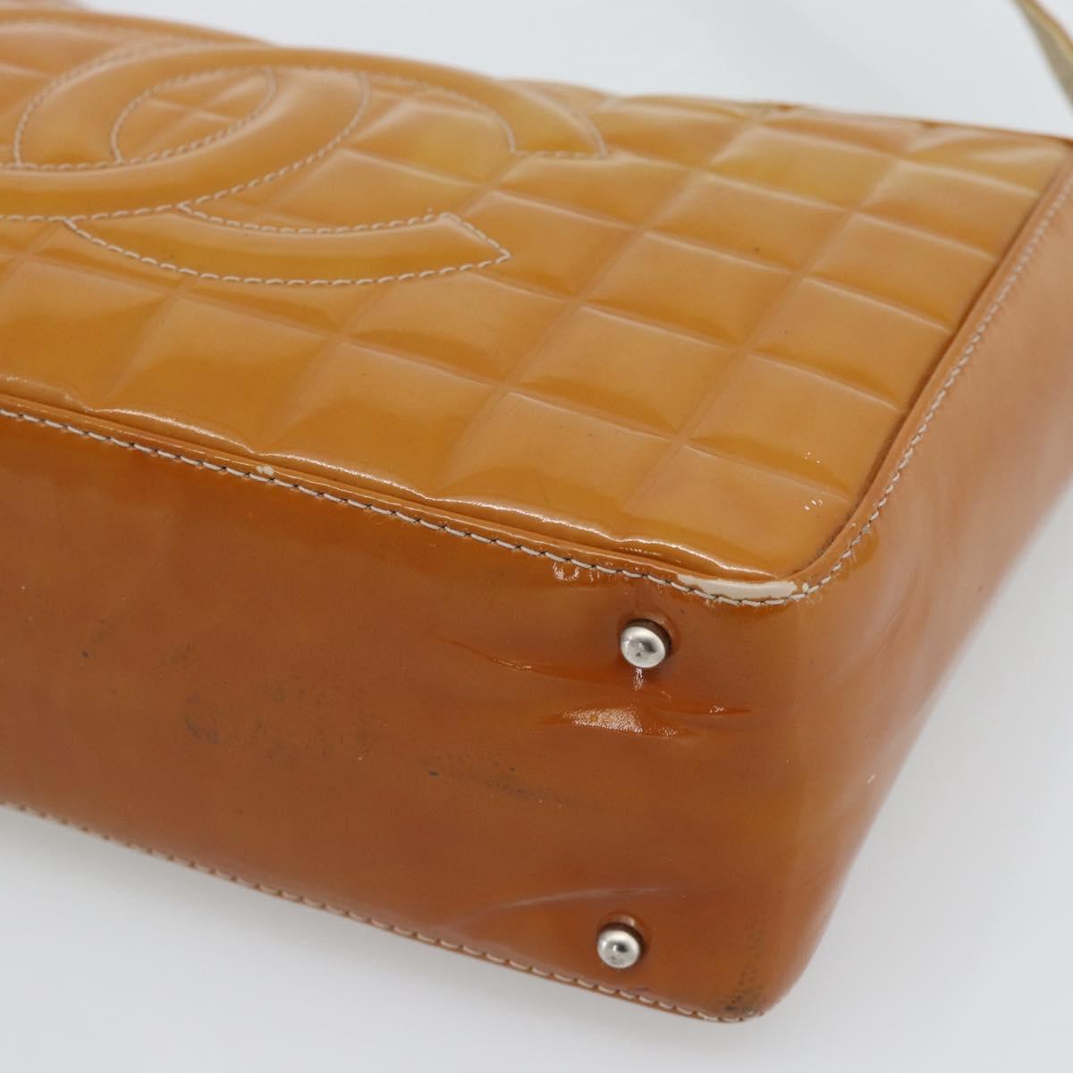 CHANEL Choco Bar Line Shoulder Bag Patent Leather Brown Silver CC Auth mr2768