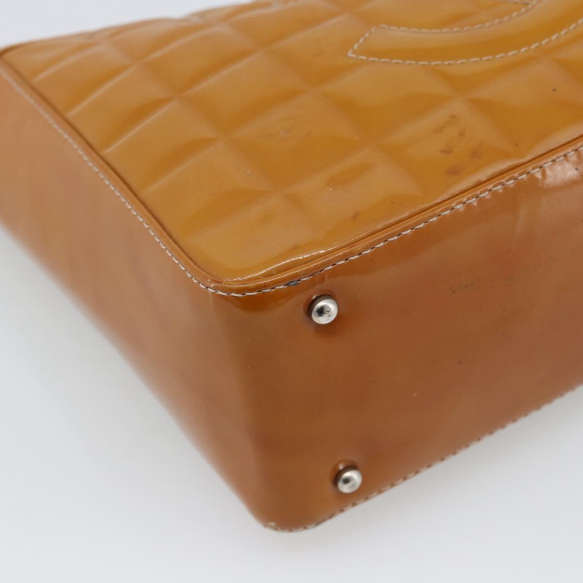 CHANEL Choco Bar Line Shoulder Bag Patent Leather Brown Silver CC Auth mr2768