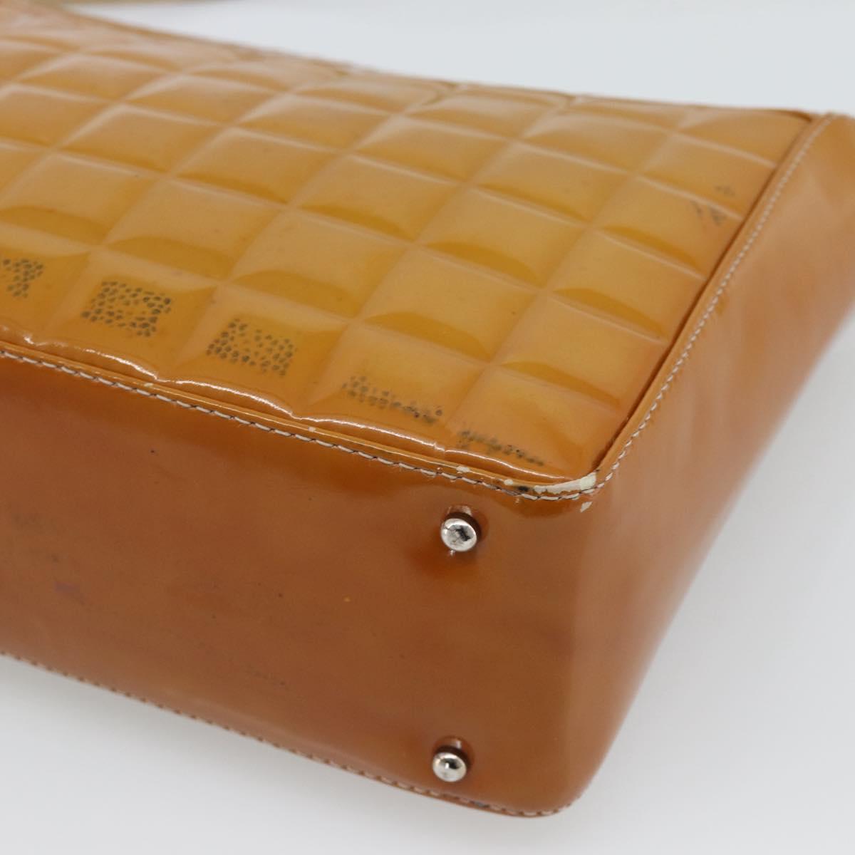 CHANEL Choco Bar Line Shoulder Bag Patent Leather Brown Silver CC Auth mr2768