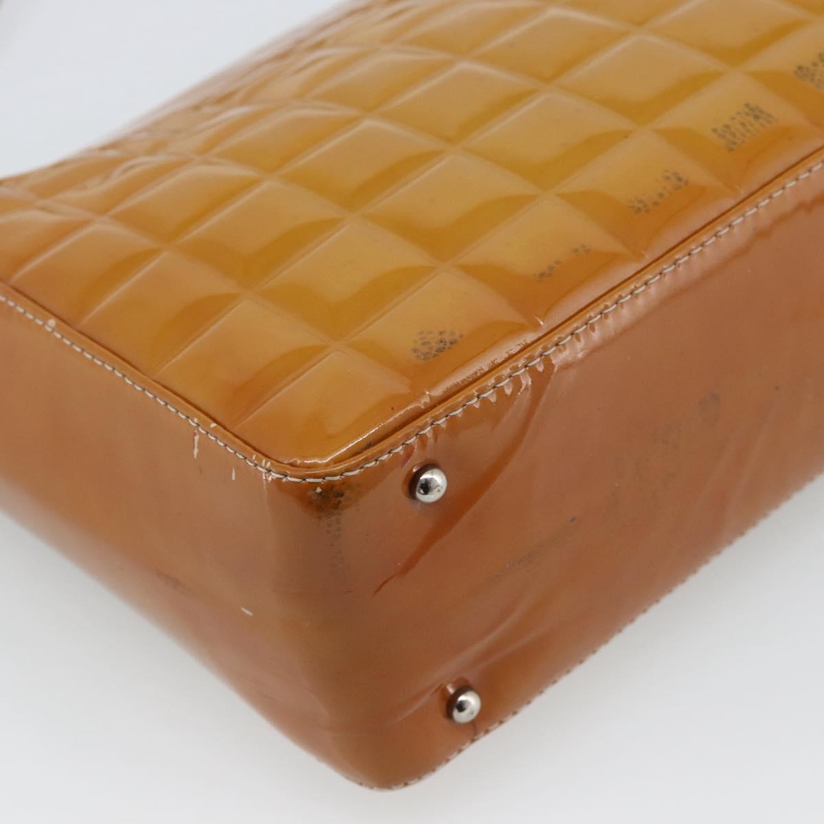 CHANEL Choco Bar Line Shoulder Bag Patent Leather Brown Silver CC Auth mr2768