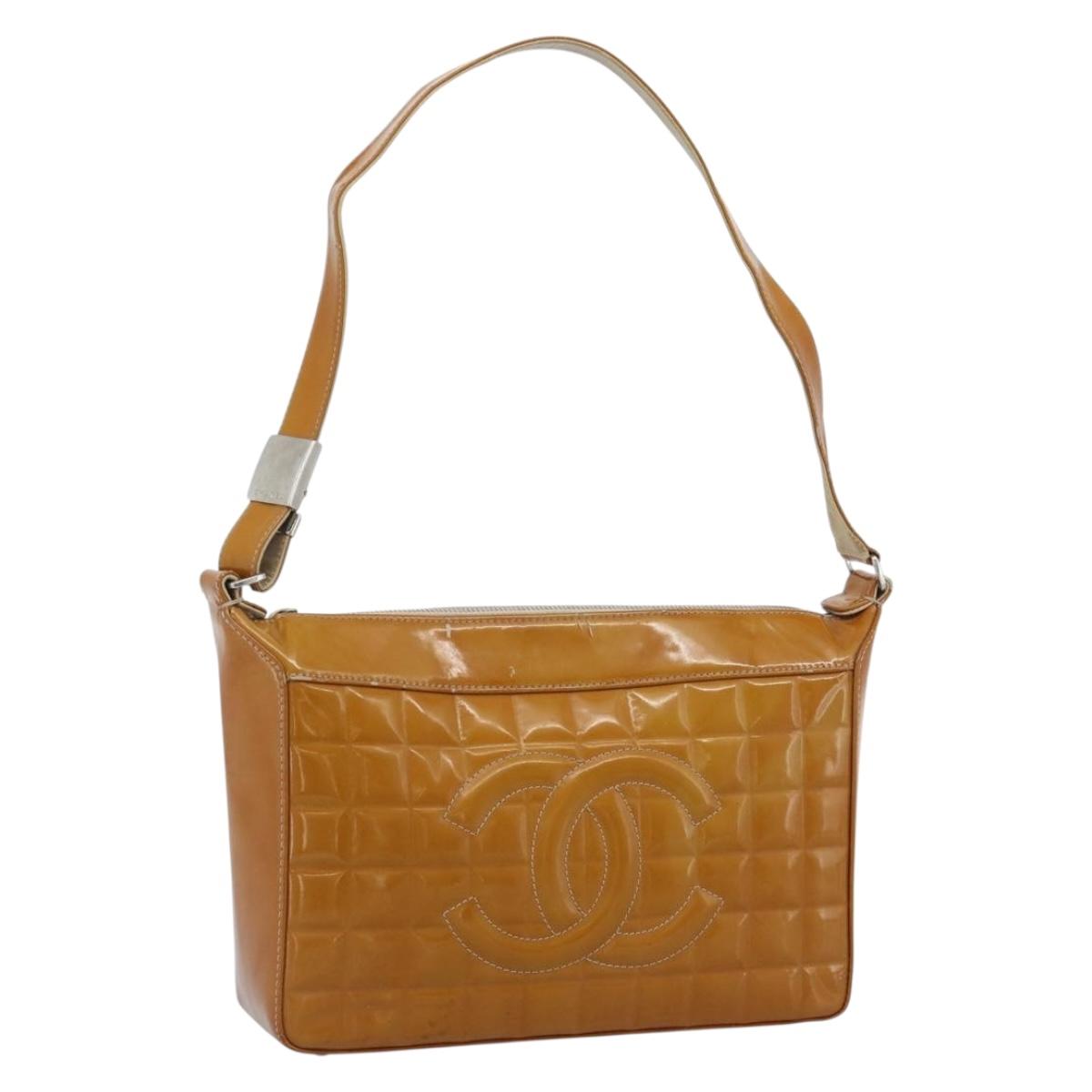 CHANEL Choco Bar Line Shoulder Bag Patent Leather Brown Silver CC Auth mr2768