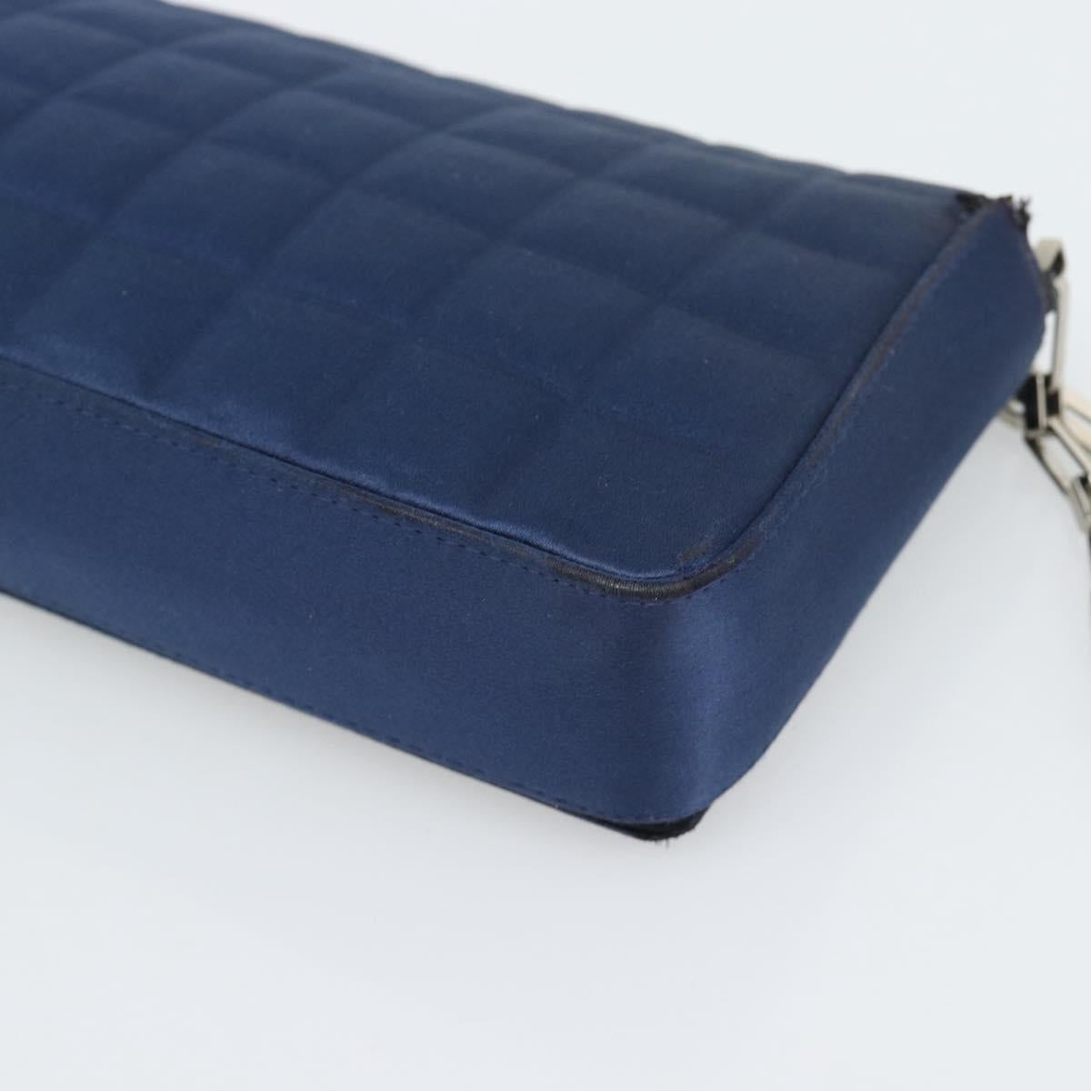 CHANEL Choco Bar Line Chain Shoulder Bag Satin Navy Silver CC Auth mr2769
