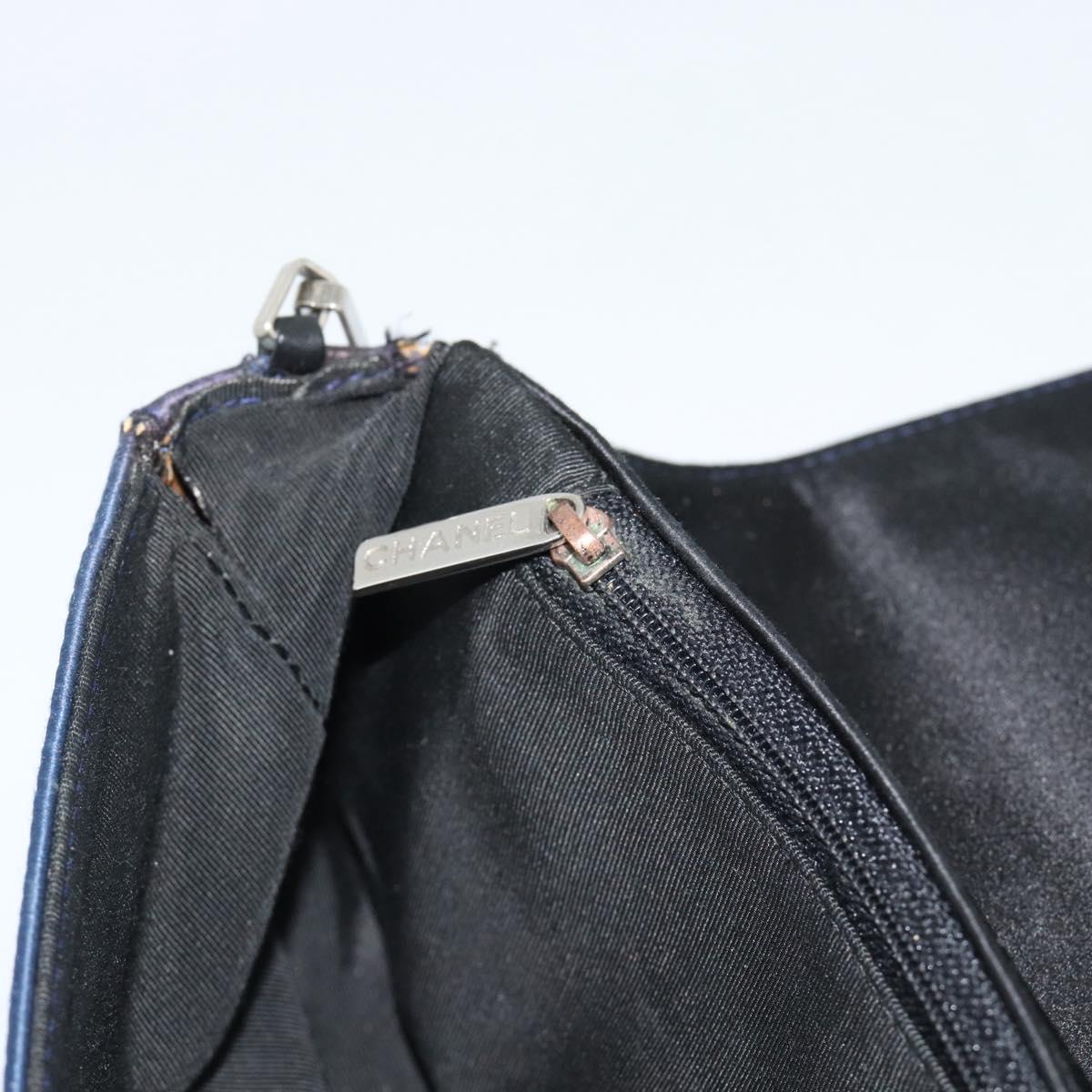 CHANEL Choco Bar Line Chain Shoulder Bag Satin Navy Silver CC Auth mr2769