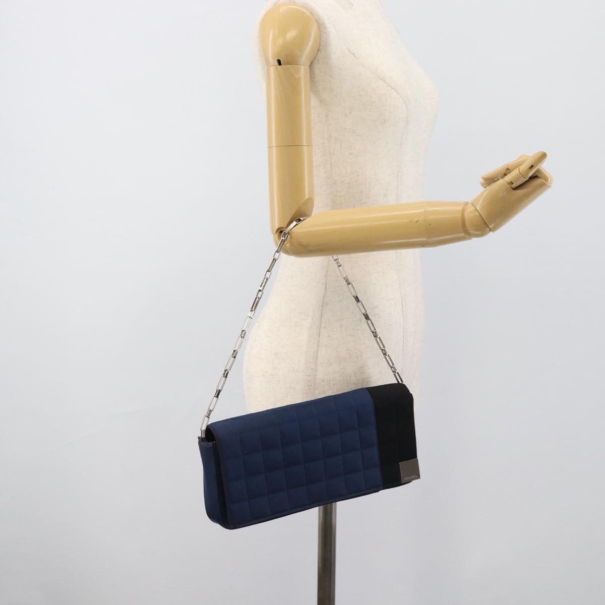 CHANEL Choco Bar Line Chain Shoulder Bag Satin Navy Silver CC Auth mr2769