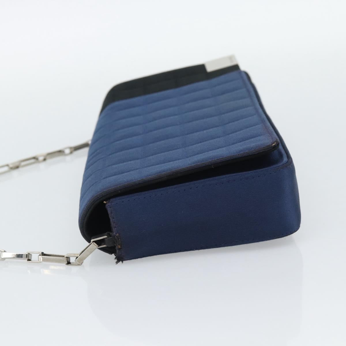 CHANEL Choco Bar Line Chain Shoulder Bag Satin Navy Silver CC Auth mr2769