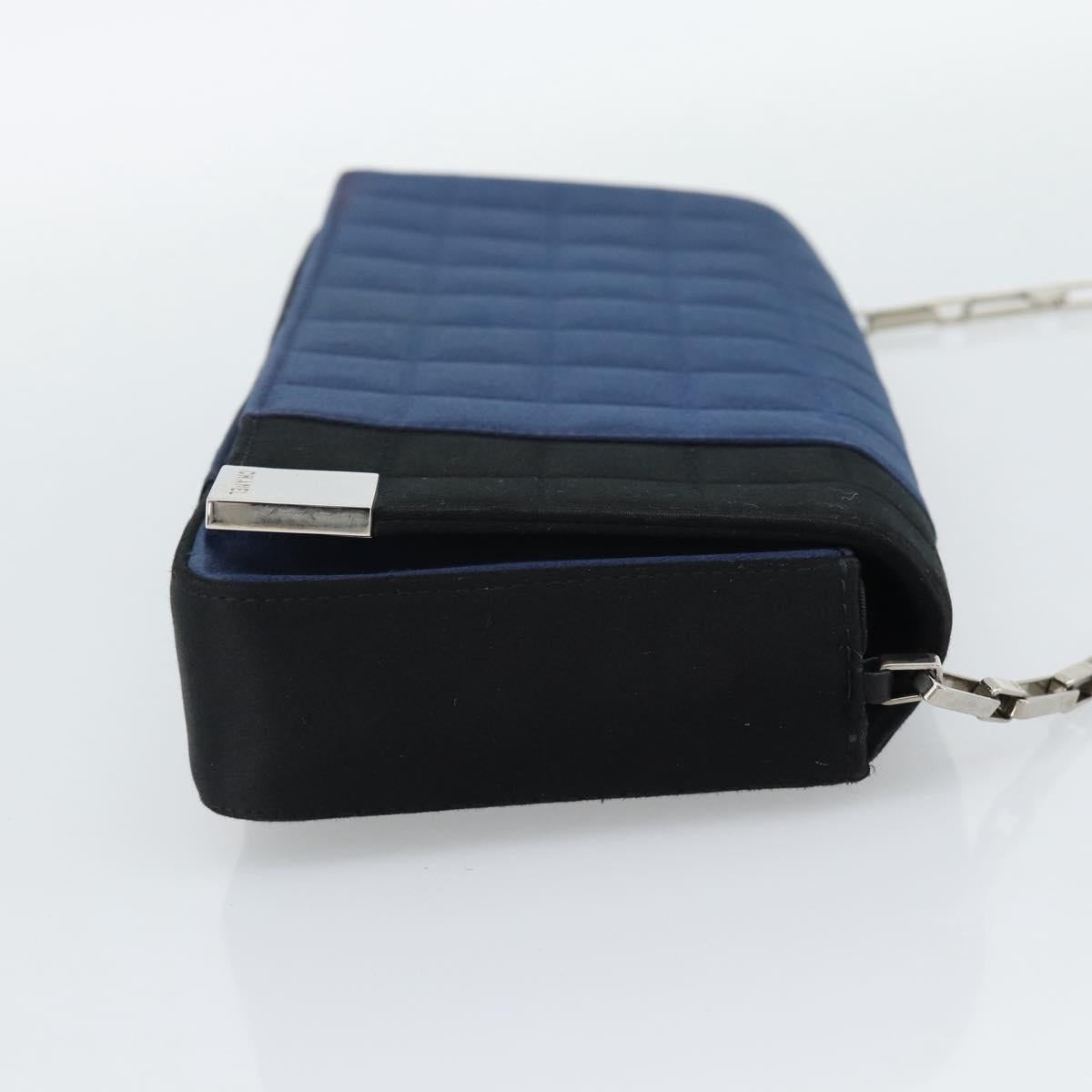CHANEL Choco Bar Line Chain Shoulder Bag Satin Navy Silver CC Auth mr2769