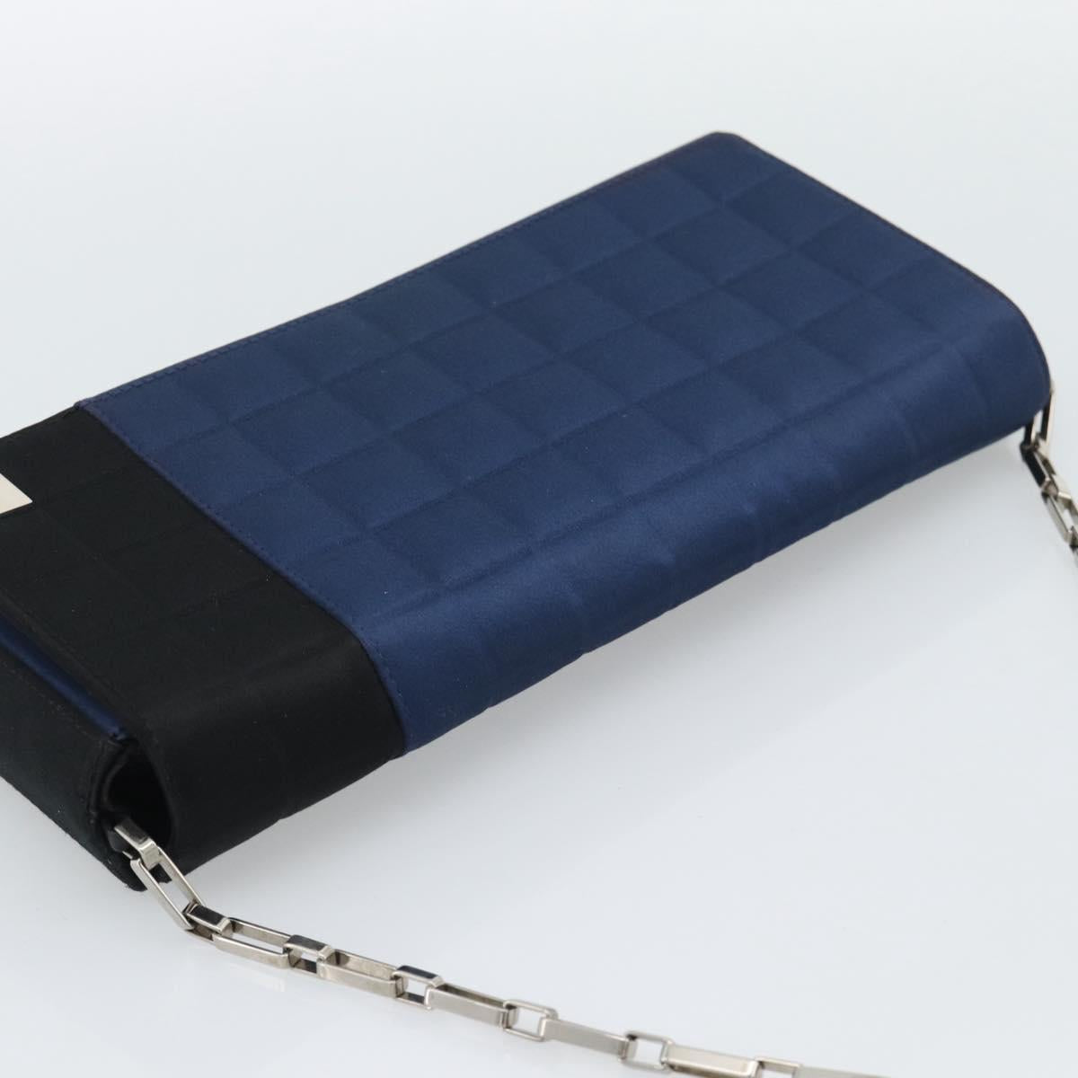 CHANEL Choco Bar Line Chain Shoulder Bag Satin Navy Silver CC Auth mr2769
