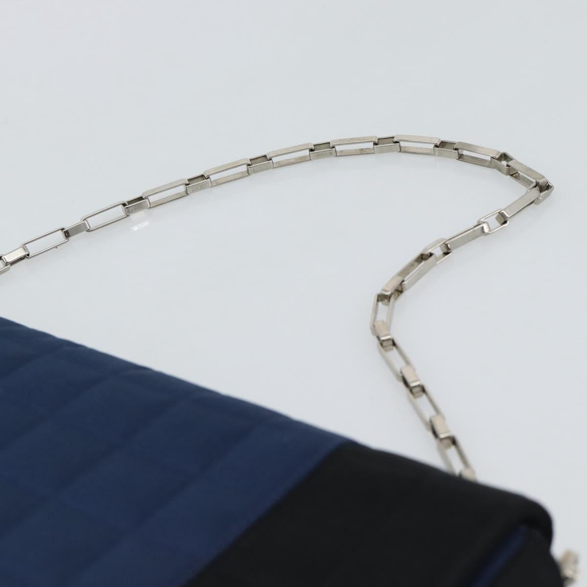 CHANEL Choco Bar Line Chain Shoulder Bag Satin Navy Silver CC Auth mr2769
