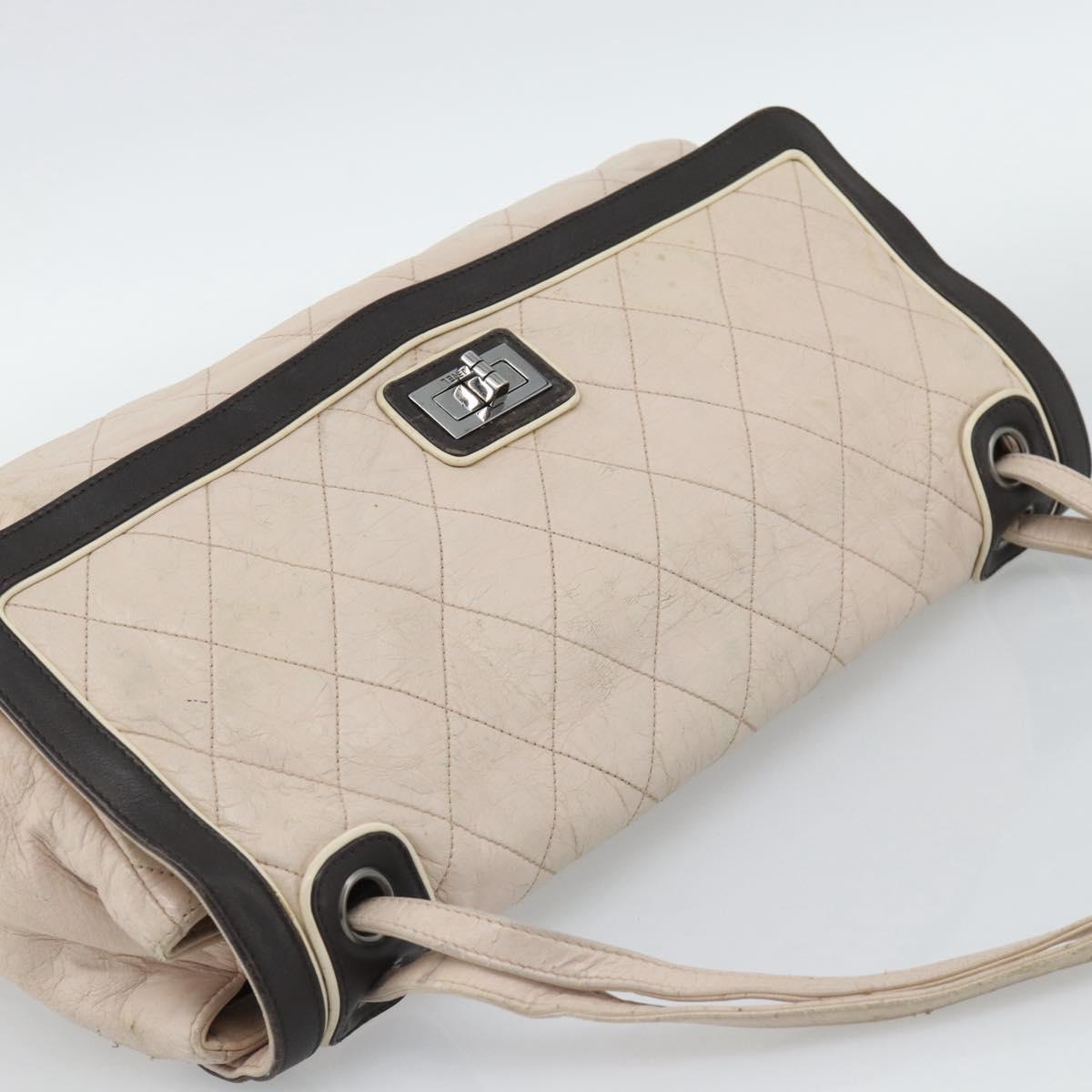 CHANEL Matelasse 2.55 Shoulder Bag Leather Beige Pink Silver CC Auth mr2770