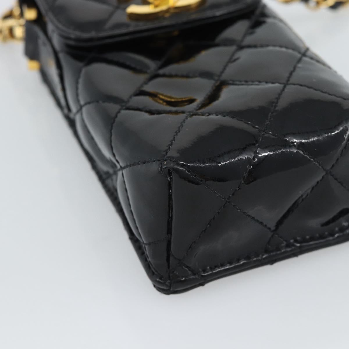 CHANEL Matelasse Chain Phone Case Patent Leather Black Gold CC Auth mr2771V