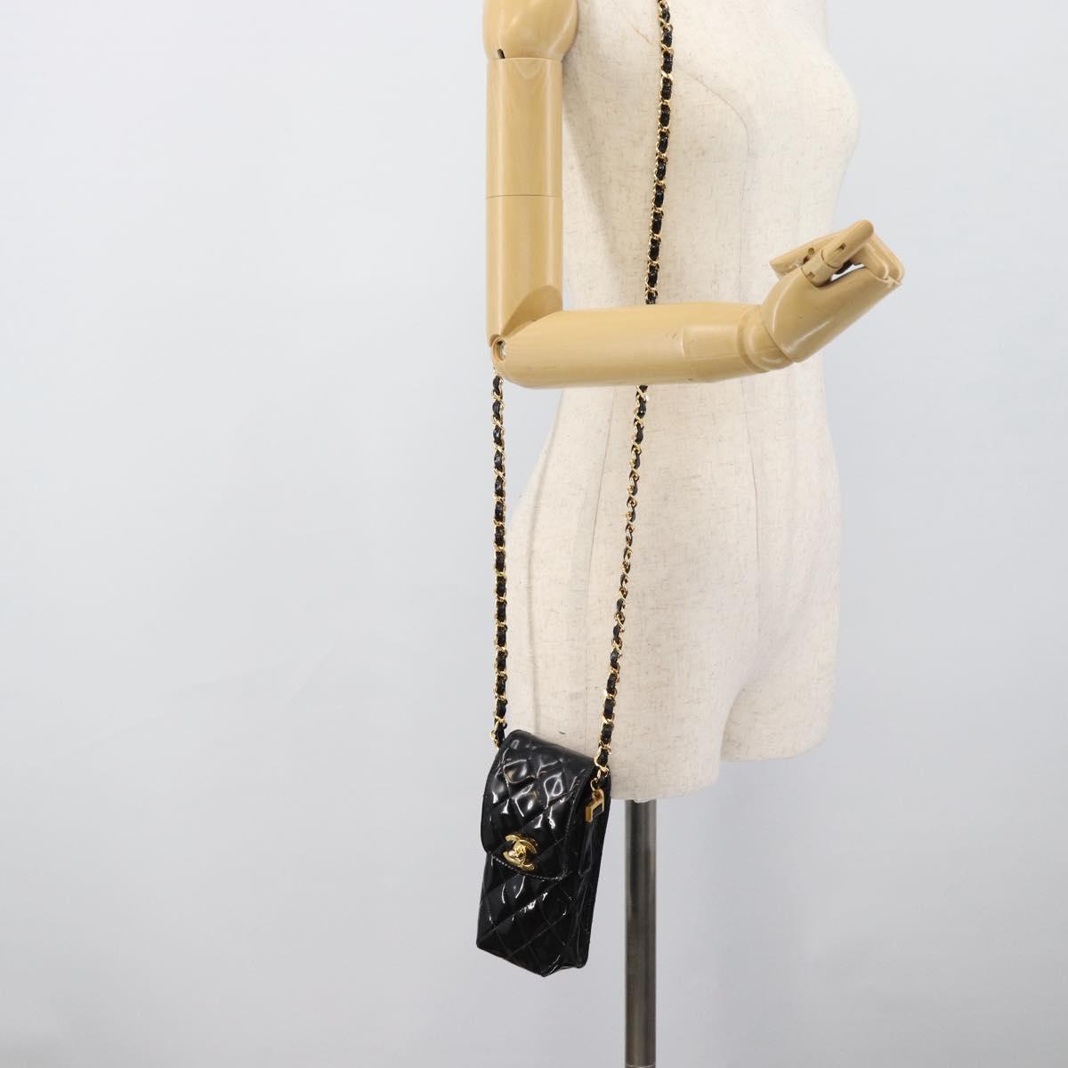 CHANEL Matelasse Chain Phone Case Patent Leather Black Gold CC Auth mr2771V