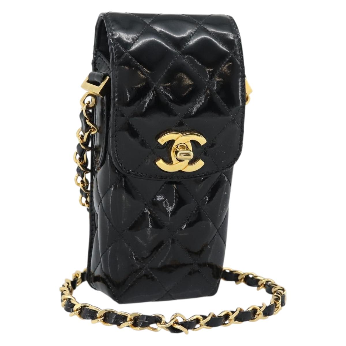 CHANEL Matelasse Chain Phone Case Patent Leather Black Gold CC Auth mr2771V