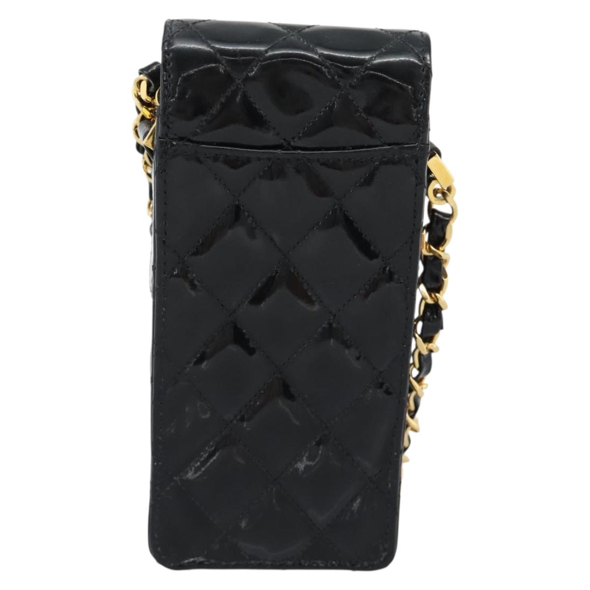 CHANEL Matelasse Chain Phone Case Patent Leather Black Gold CC Auth mr2771V