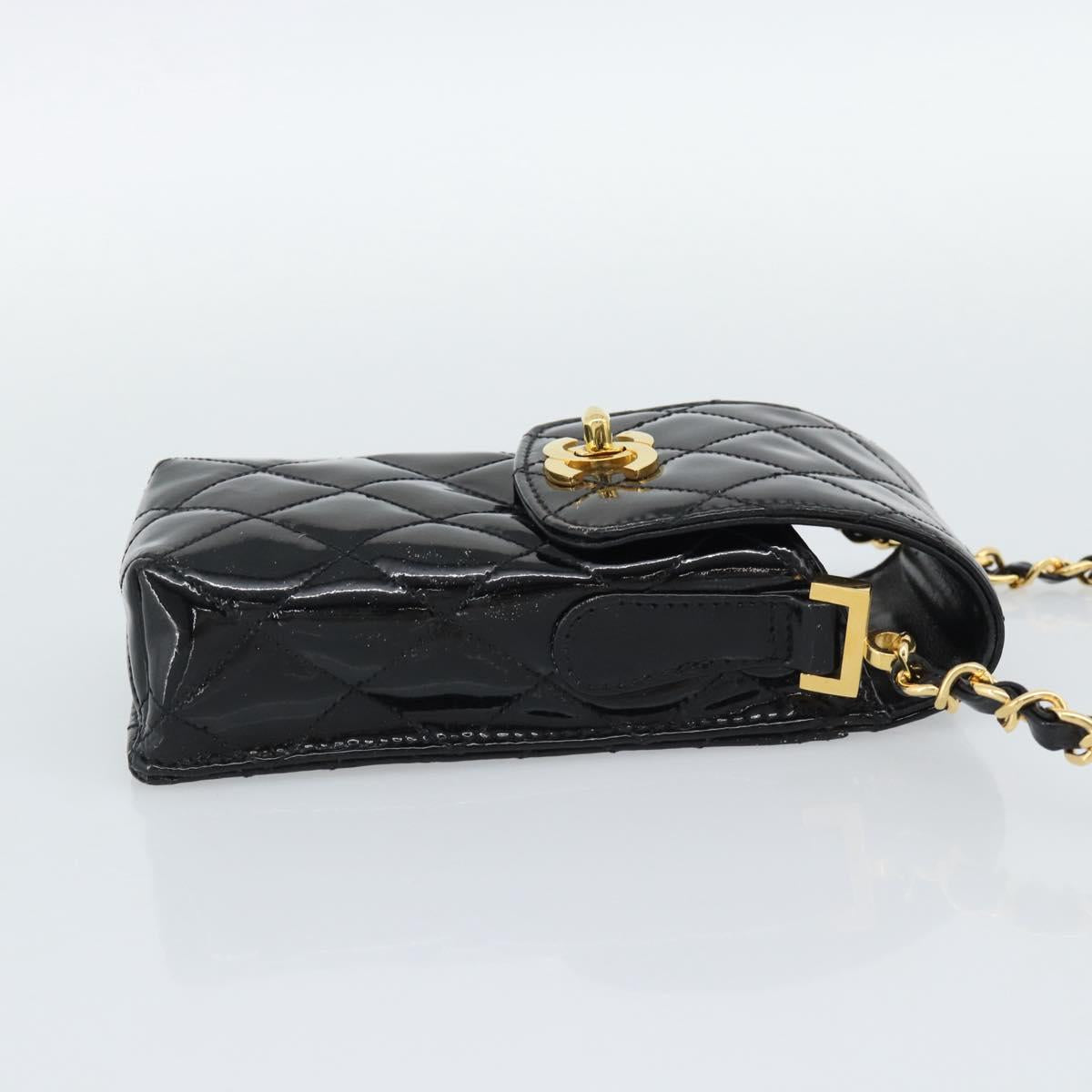 CHANEL Matelasse Chain Phone Case Patent Leather Black Gold CC Auth mr2771V