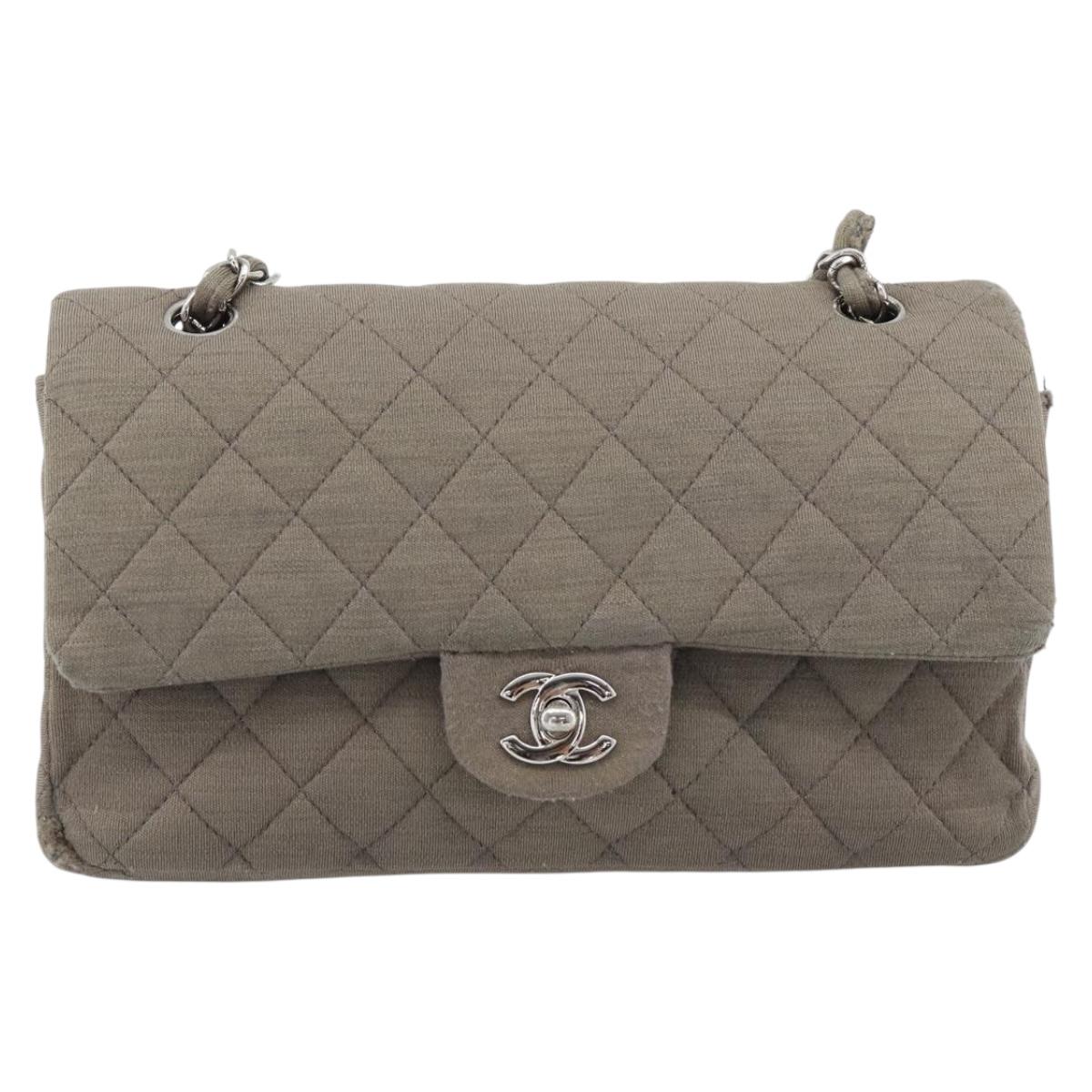 CHANEL Matelasse Chain Shoulder Bag Cotton Gray Silver CC Auth mr2778