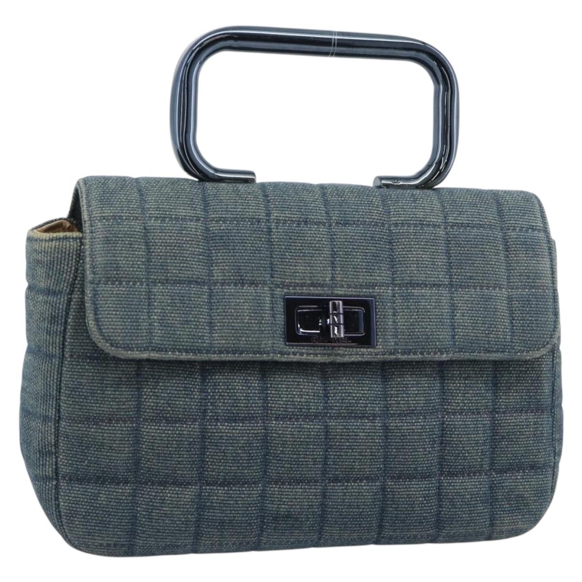 CHANEL 2.55 Choco Bar Line Hand Bag Canvas Blue CC Auth mr2780V