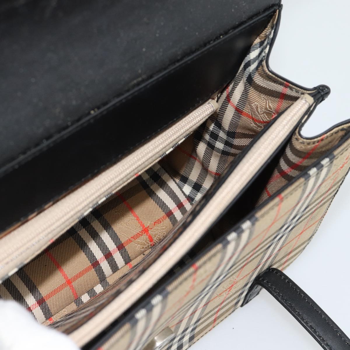 BURBERRY Nova Check Hand Bag Canvas Leather Black Silver Auth mr2783