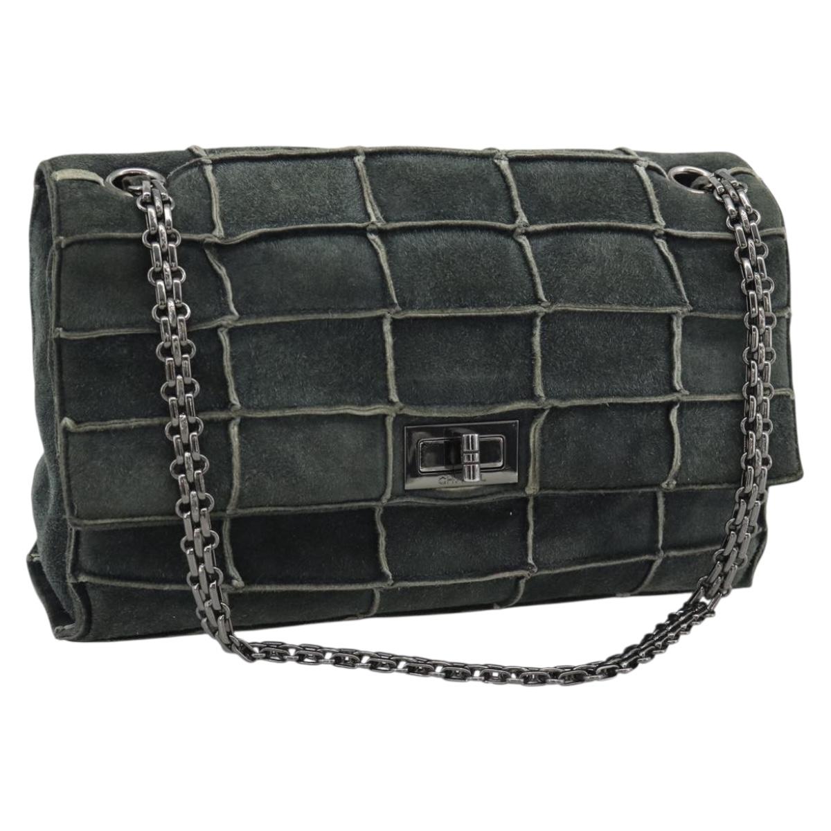 CHANEL Choco Bar Line Chain Shoulder Bag Suede Gray Silver CC Auth mr2791A