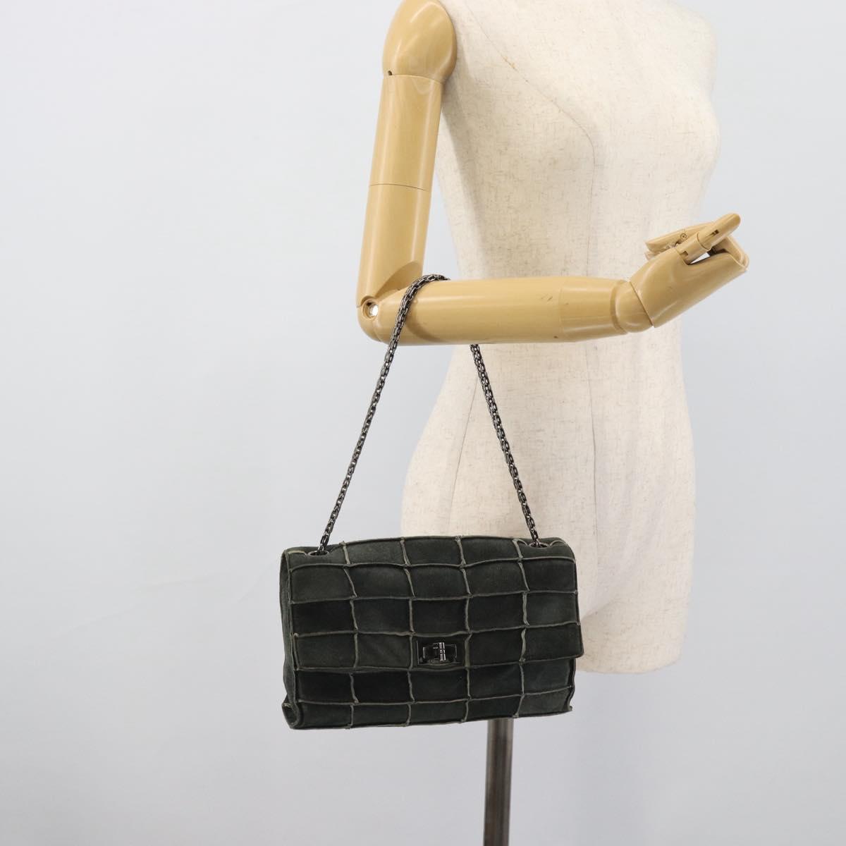 CHANEL Choco Bar Line Chain Shoulder Bag Suede Gray Silver CC Auth mr2791A