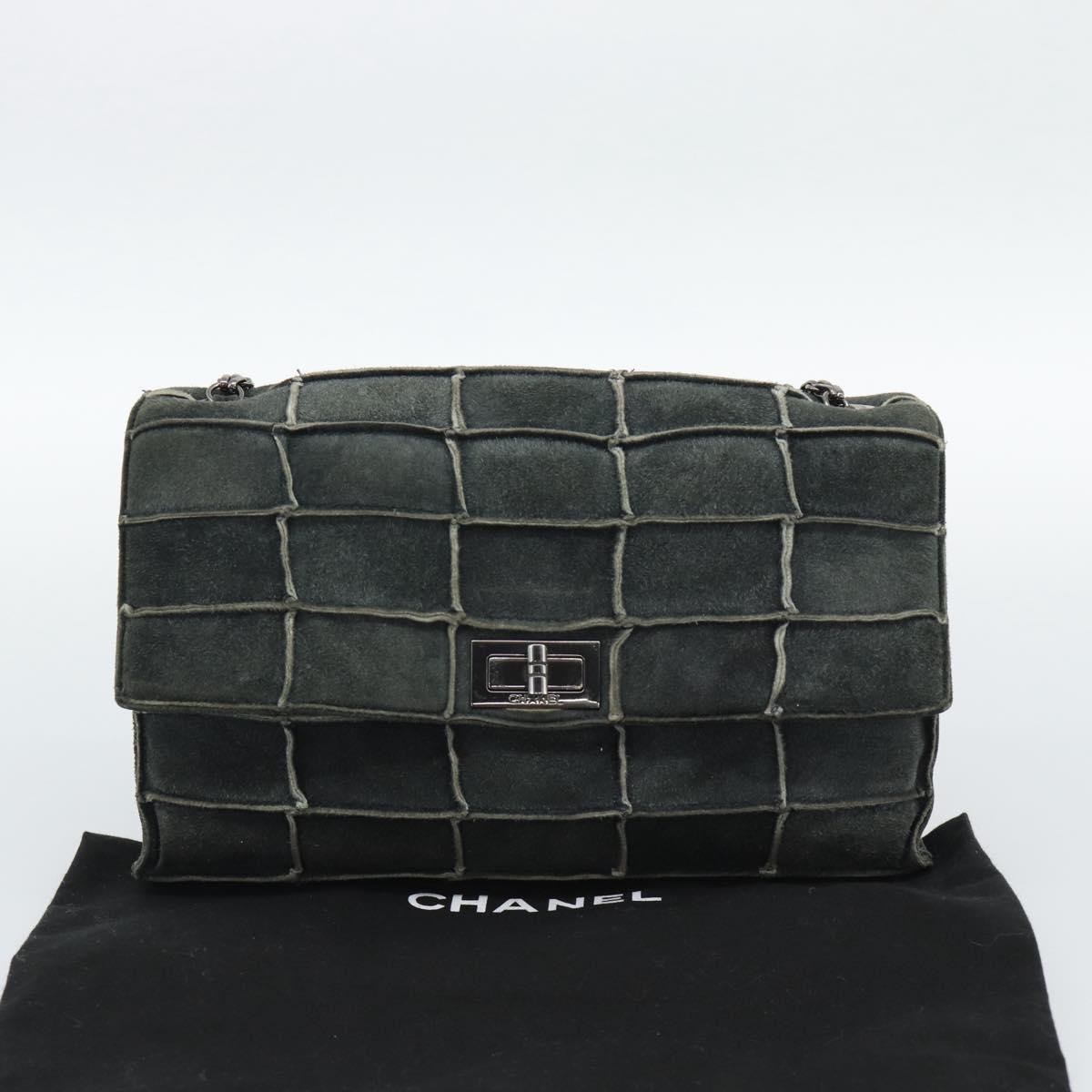CHANEL Choco Bar Line Chain Shoulder Bag Suede Gray Silver CC Auth mr2791A