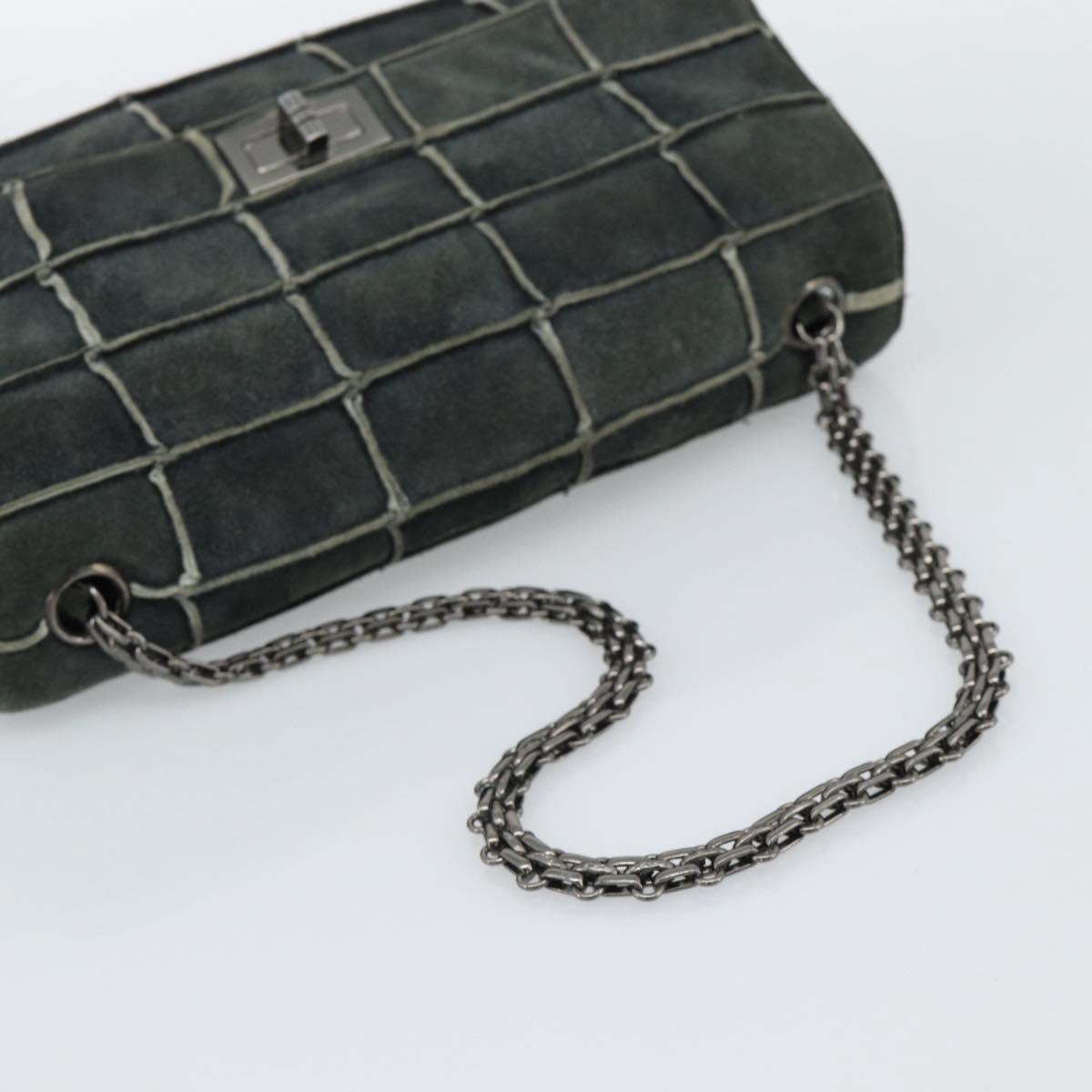 CHANEL Choco Bar Line Chain Shoulder Bag Suede Gray Silver CC Auth mr2791A