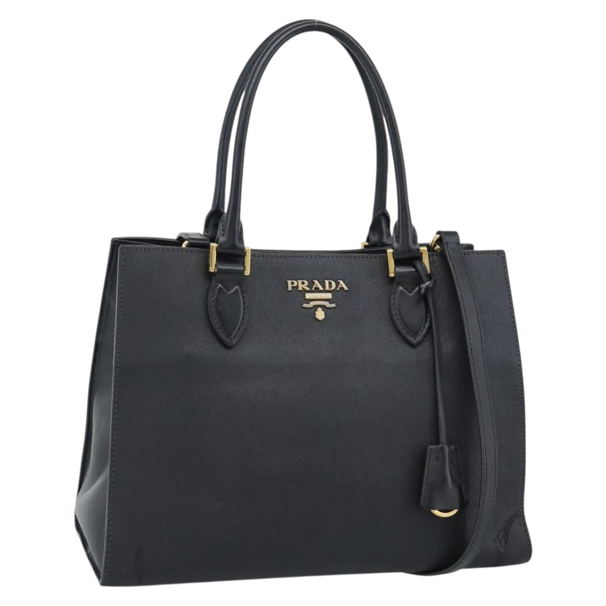 PRADA Hand Bag Safiano Leather 2way Black Gold Auth mr2800
