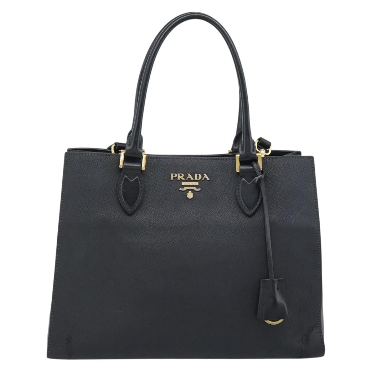PRADA Hand Bag Safiano Leather 2way Black Gold Auth mr2800