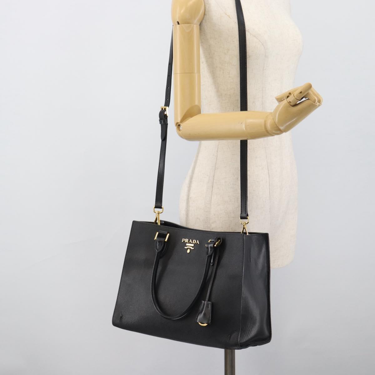 PRADA Hand Bag Safiano Leather 2way Black Gold Auth mr2800