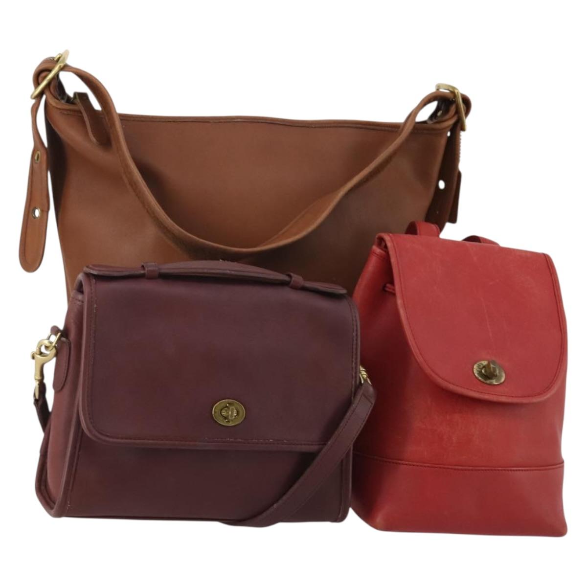 Coach Shoulder Bag Leather 3 Set Red Brown Bordeaux Auth mr2805
