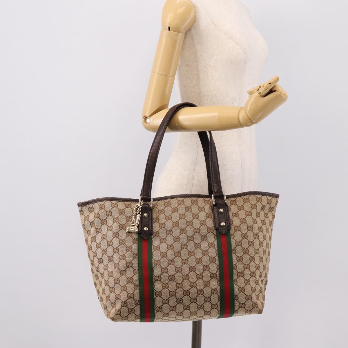 GUCCI GG Canvas Web Sherry Line Tote Bag Beige Gold 139260 Auth mr2817