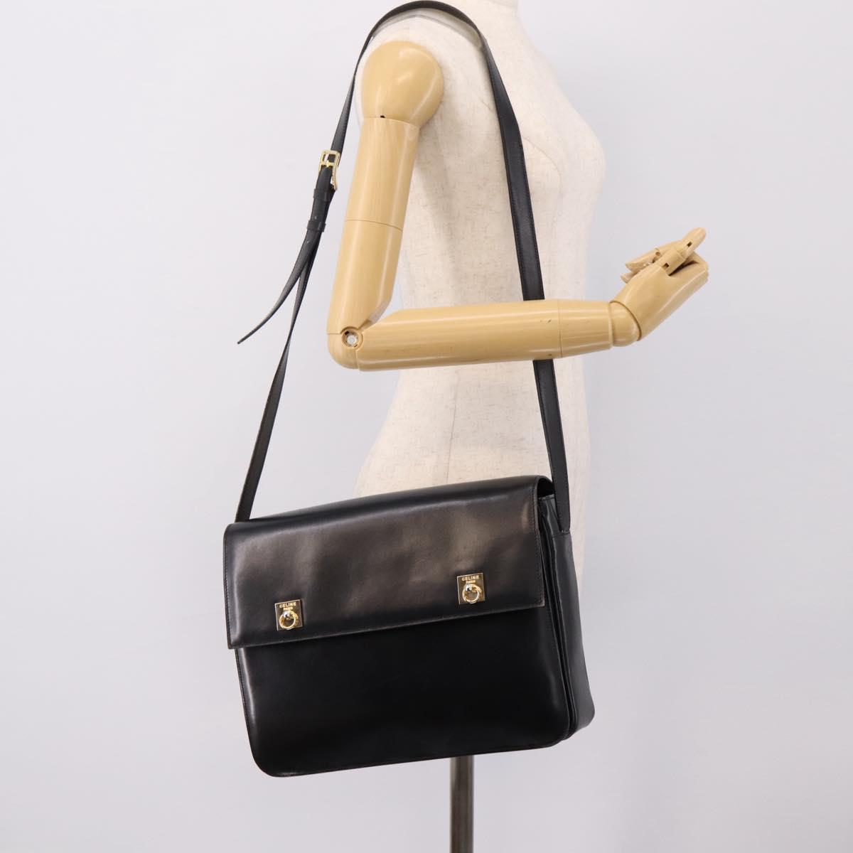 CELINE Shoulder Bag Leather Black Gold Auth mr2828