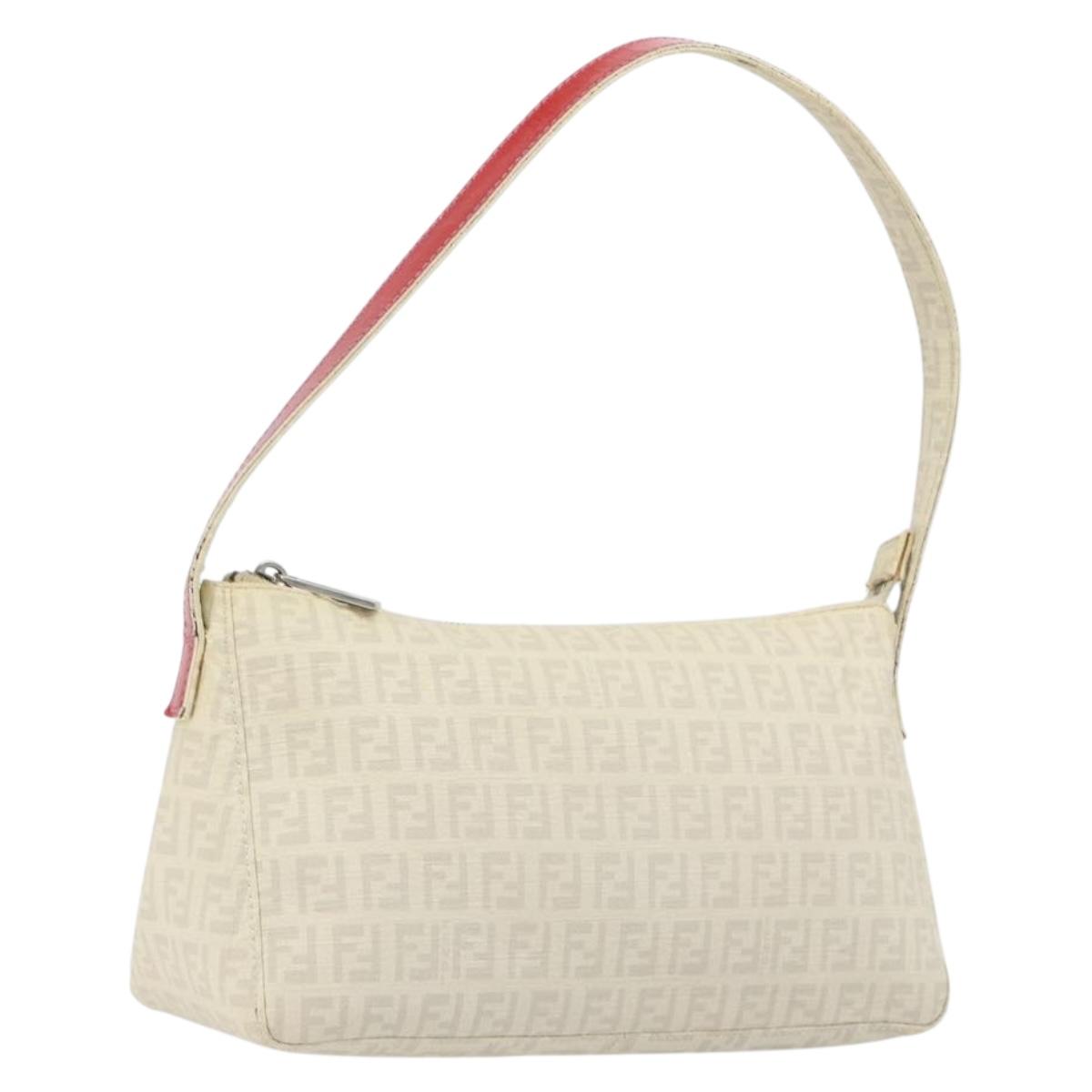 FENDI Zucchino Canvas Shoulder Bag PVC White Silver Auth mr2831