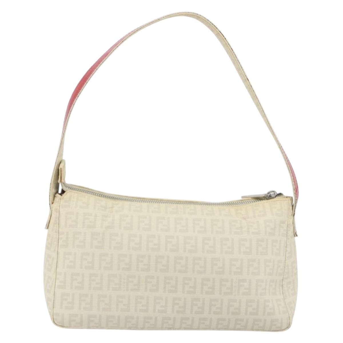 FENDI Zucchino Canvas Shoulder Bag PVC White Silver Auth mr2831