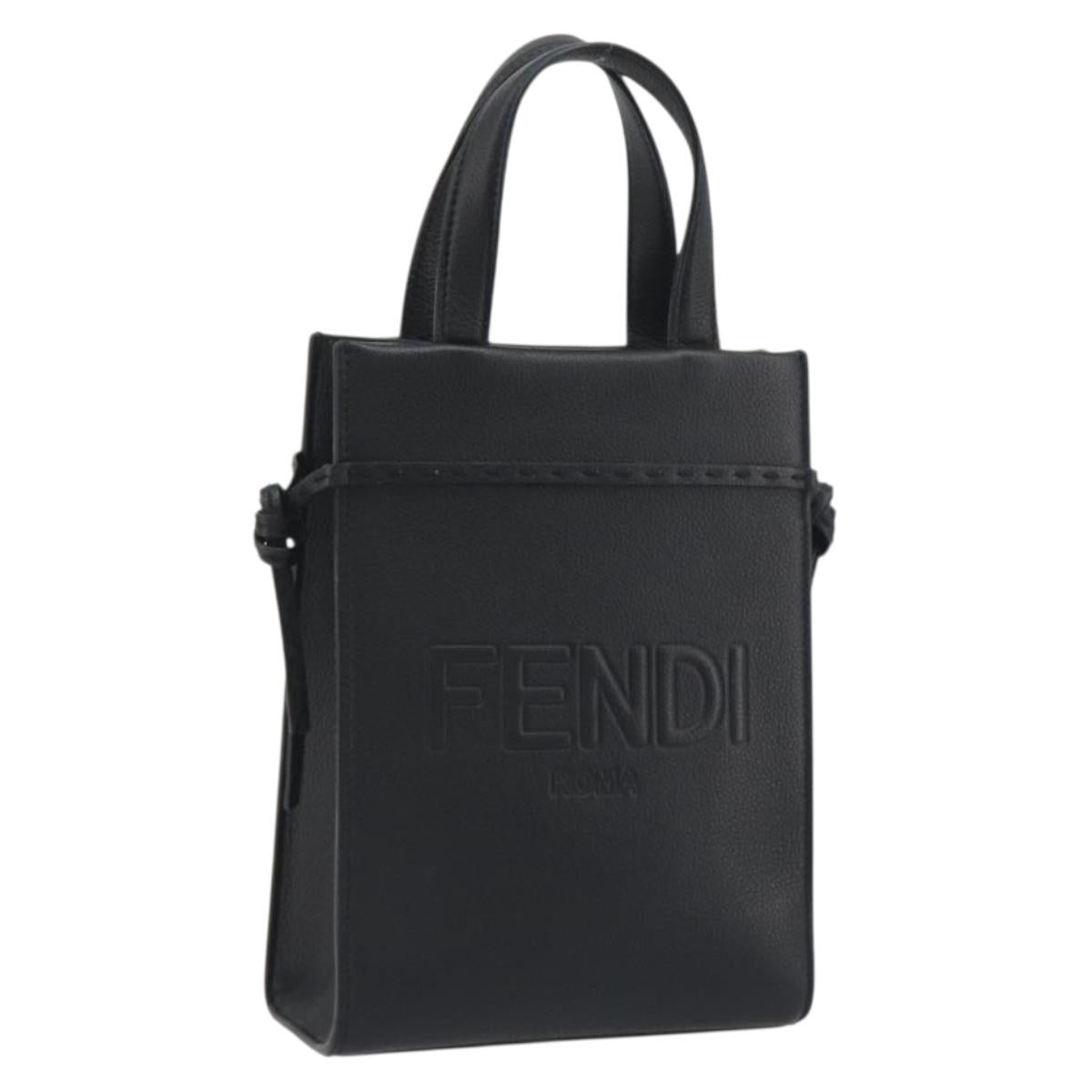 FENDI Go-To Shopper Hand Bag Leather Black Silver Auth mr2832
