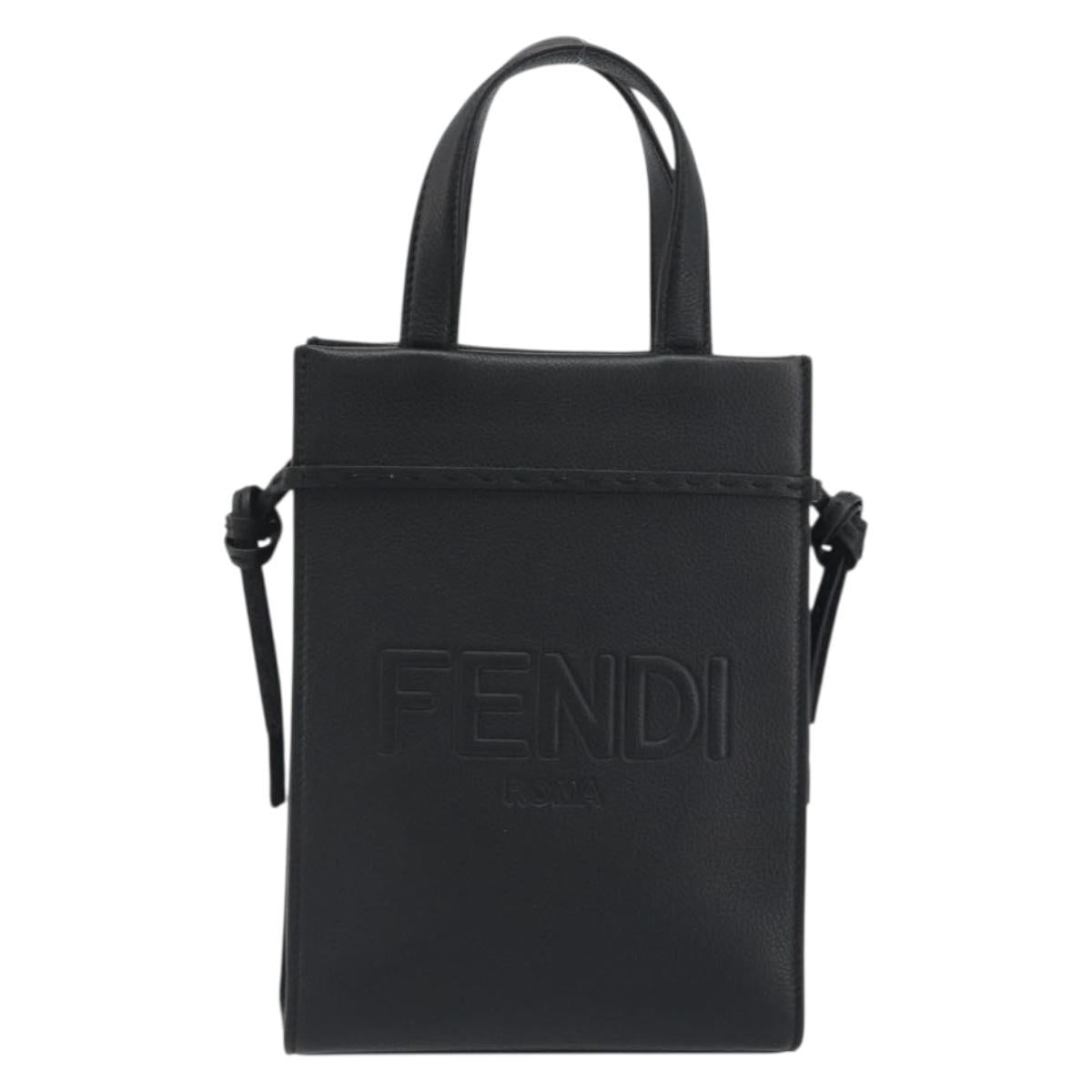 FENDI Go-To Shopper Hand Bag Leather Black Silver Auth mr2832