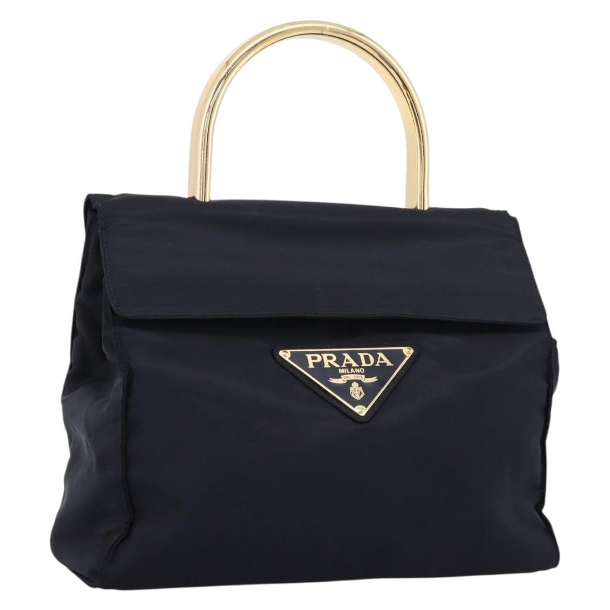 PRADA Pocono Hand Bag Nylon Navy Gold Auth mr2836