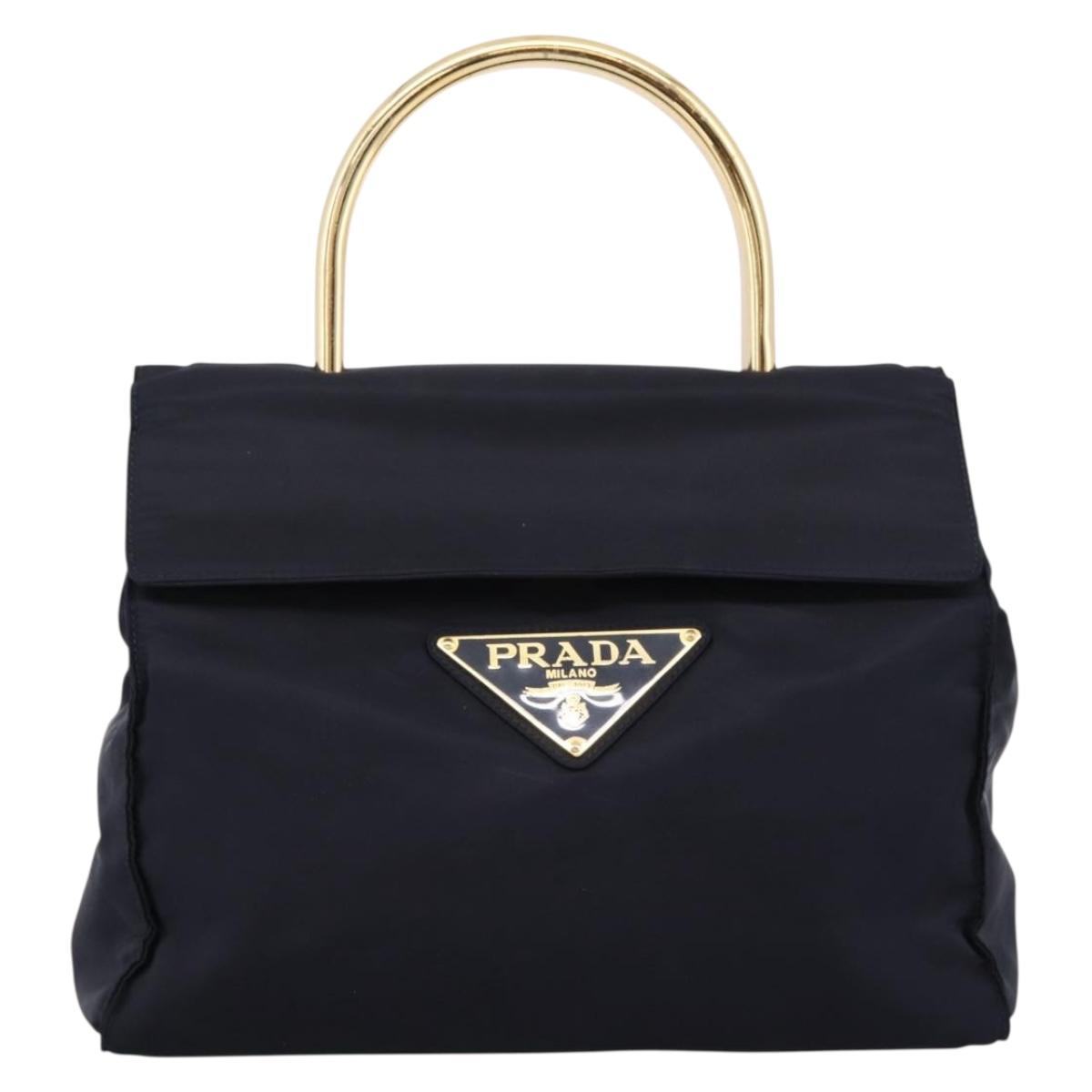 PRADA Pocono Hand Bag Nylon Navy Gold Auth mr2836