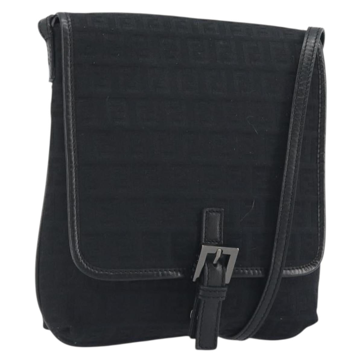 FENDI Zucchino Canvas Shoulder Bag Black Silver Auth mr2844