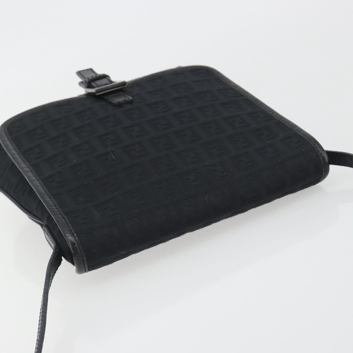 FENDI Zucchino Canvas Shoulder Bag Black Silver Auth mr2844