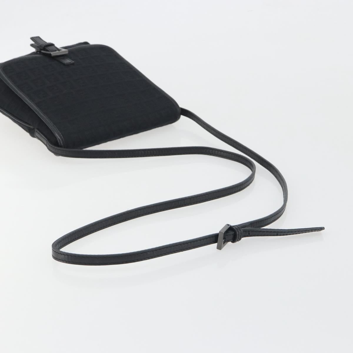 FENDI Zucchino Canvas Shoulder Bag Black Silver Auth mr2844