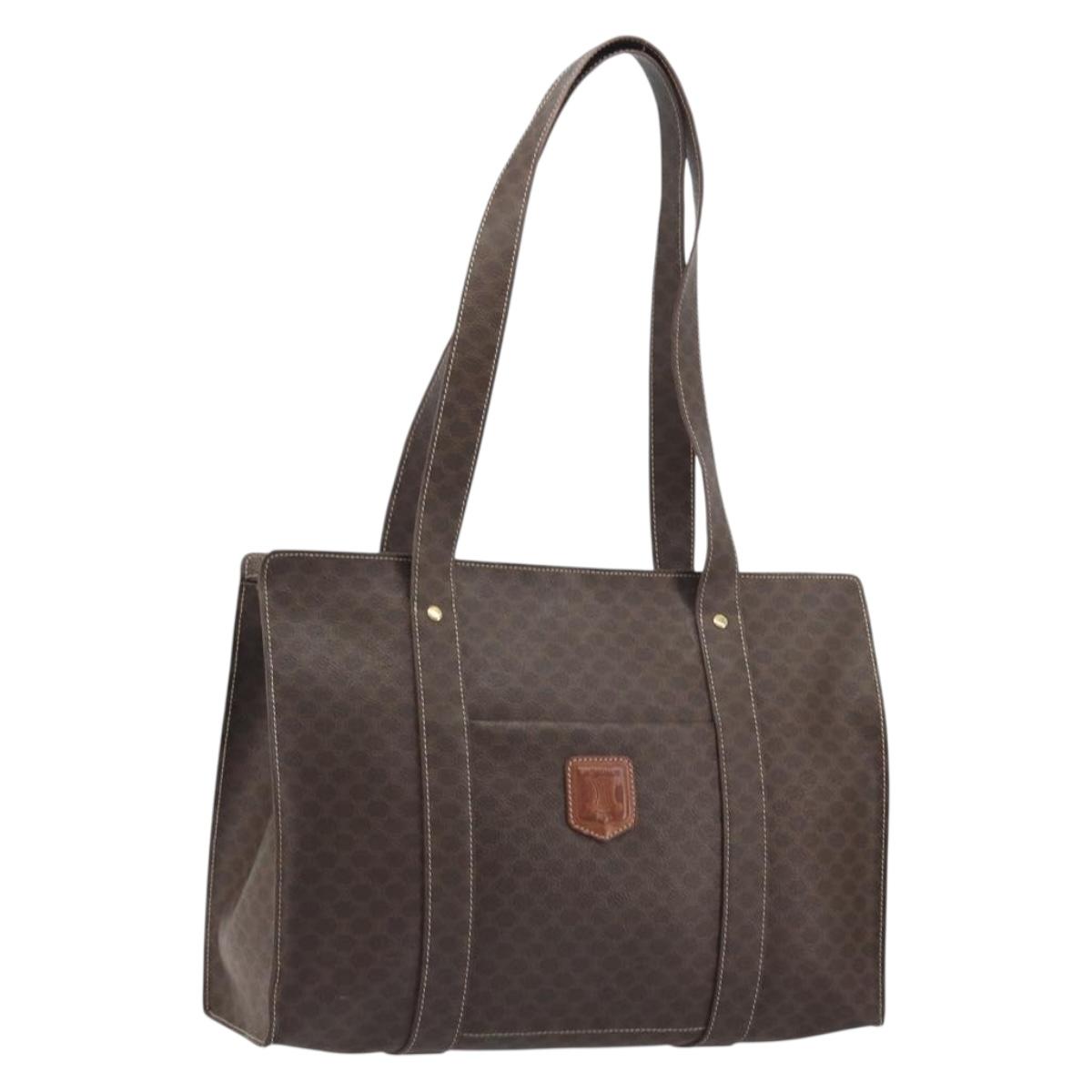 CELINE Macadam Canvas Tote Bag PVC Leather Brown Gold Auth mr2848